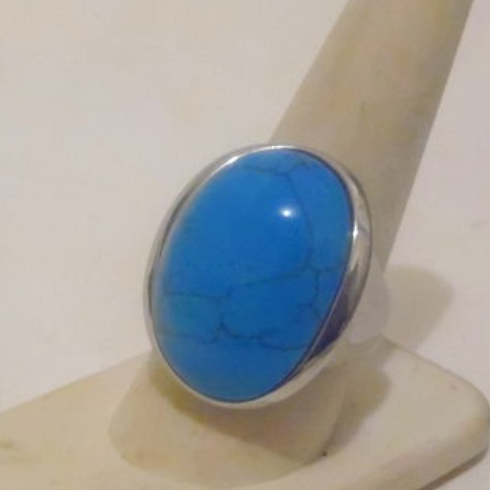 Stately Steel Turquoise Dome Ring Size 9